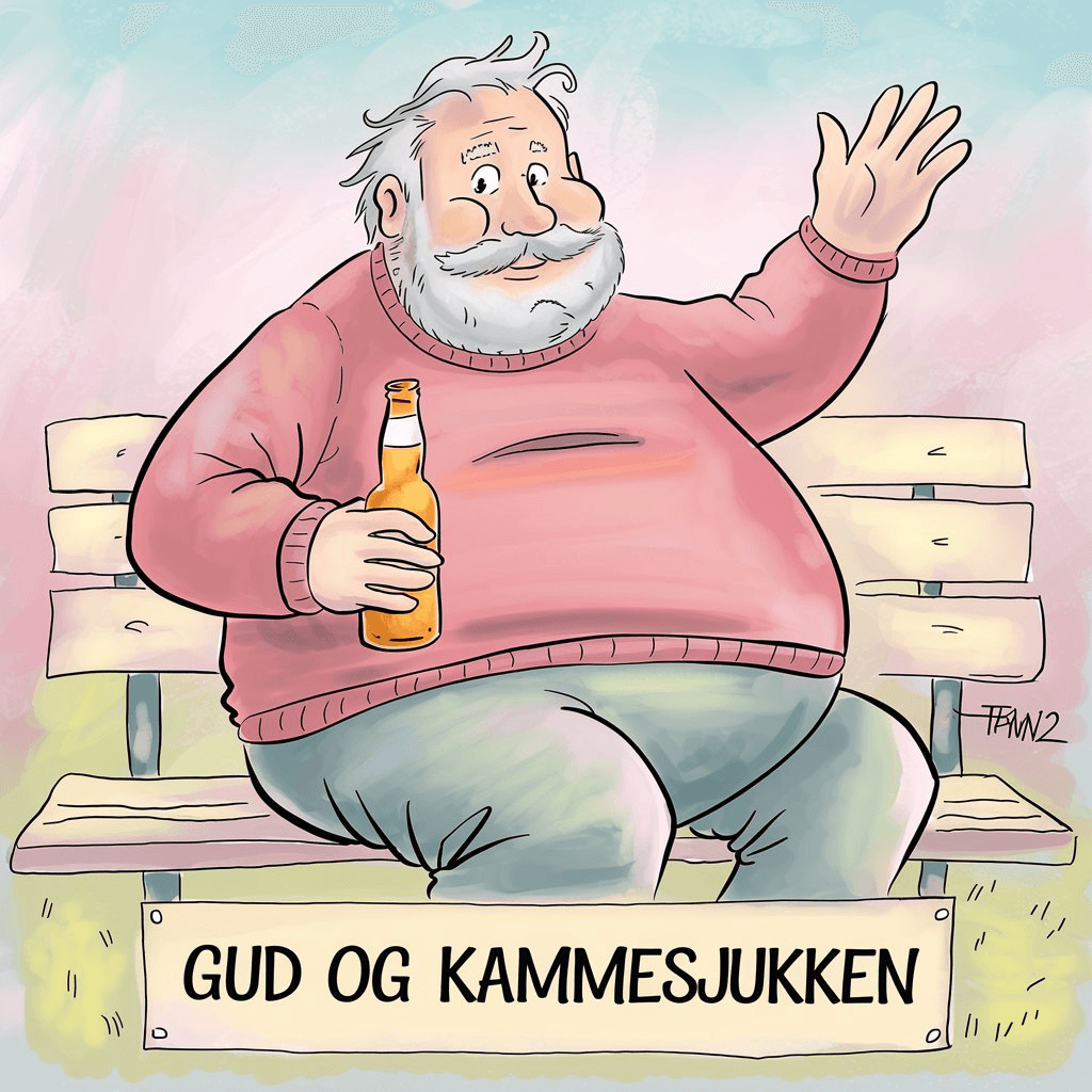 Pini - Ideogram med promt: *A soft-colored cartoon of an old chubby man with a red sweater and grey trousers, sitting on a bench. He has a white beard and hair. He is holding a beer bottle in one hand and waving with the other. Below the man, there is a sign that says "Gud og kammesjukken." Pini - Ideogram med promt: *A soft-colored cartoon of an old chubby man with a red sweater and grey trousers, sitting on a bench. He has a white beard and hair. He is holding a beer bottle in one hand and waving with the other. Below the man, there is a sign that says "Gud og kammesjukken."